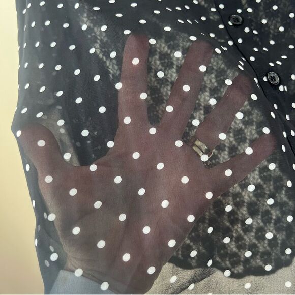 Xhilaration Black Polka Dot Semi-Sheer Lace Black White ButtonWomen's Blouse Top - Picture 4 of 12